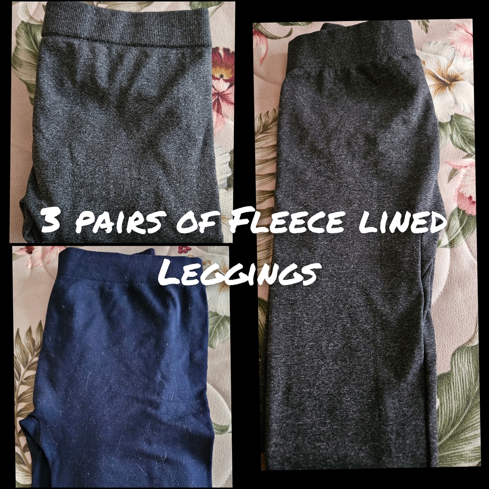 #647 Set of 3 Fleece Lined Leggings - In Dark Grey/Navy Blue